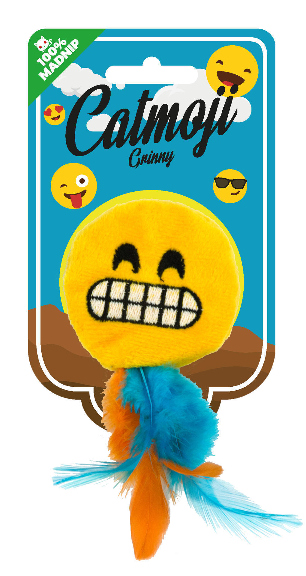 Emoji Cat Grinny (with MadNip), feathered cat toy